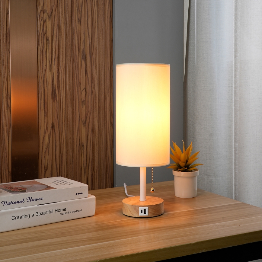 Brilagi - Tischlampe mit USB-Anschluss TABLON 1xE27/25W/230V Eiche/Weiß/Creme