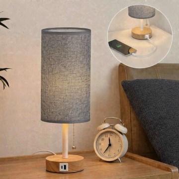 Brilagi - Tischlampe mit USB-Anschluss TABLON 1xE27/25W/230V Eiche/Weiß/Grau