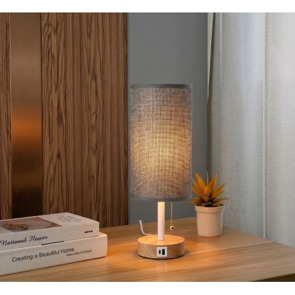 Brilagi - Tischlampe mit USB-Anschluss TABLON 1xE27/25W/230V Eiche/Weiß/Grau