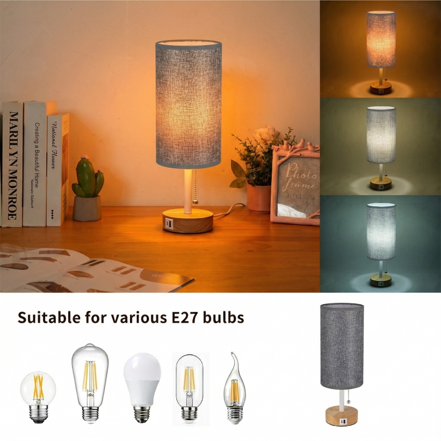Brilagi - Tischlampe mit USB-Anschluss TABLON 1xE27/25W/230V Eiche/Weiß/Grau
