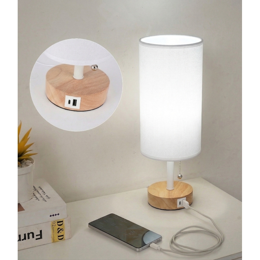 Brilagi - Tischlampe mit USB-Anschluss TABLON 1xE27/25W/230V Eiche/weiß