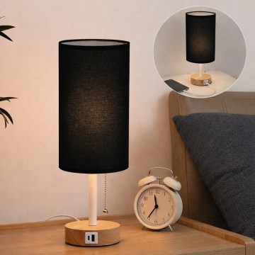 Brilagi - Tischlampe mit USB-Anschluss TABLON 1xE27/25W/230V Eiche/Weiß/Schwarz