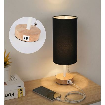 Brilagi - Tischlampe mit USB-Anschluss TABLON 1xE27/25W/230V Eiche/Weiß/Schwarz