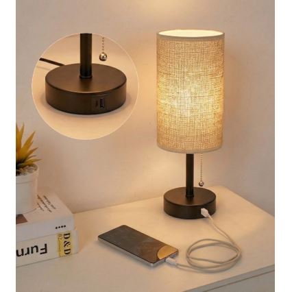 Brilagi - Tischlampe mit USB-Anschluss TABLON 1xE27/25W/230V schwarz/beige