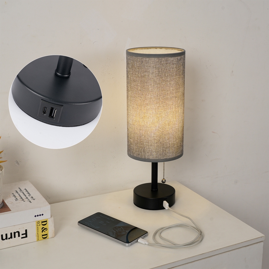 Brilagi - Tischlampe mit USB-Anschluss TABLON 1xE27/25W/230V schwarz/grau