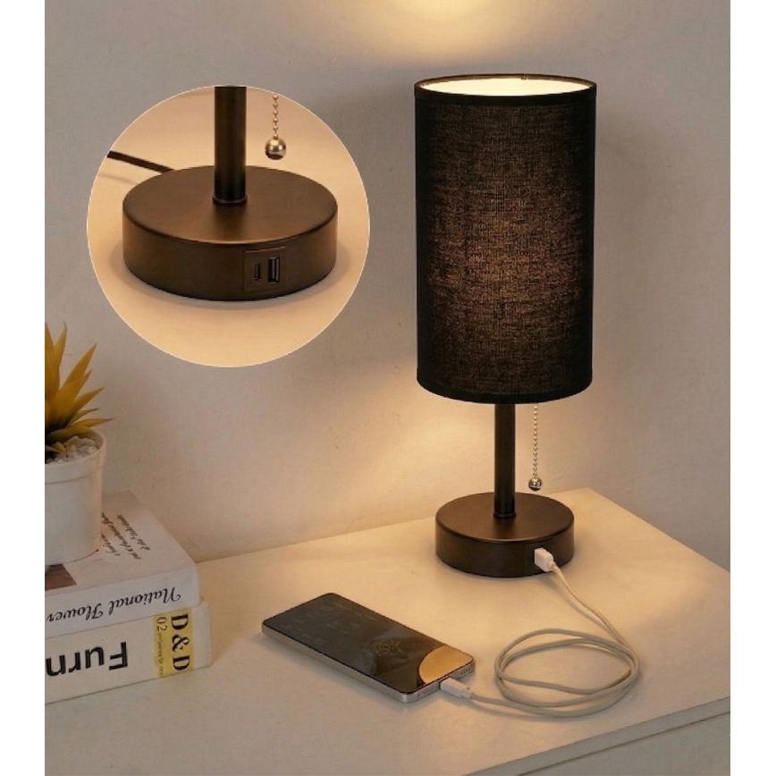 Brilagi - Tischlampe mit USB-Anschluss TABLON 1xE27/25W/230V schwarz