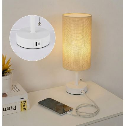 Brilagi - Tischlampe mit USB-Anschluss TABLON 1xE27/25W/230V weiß/beige