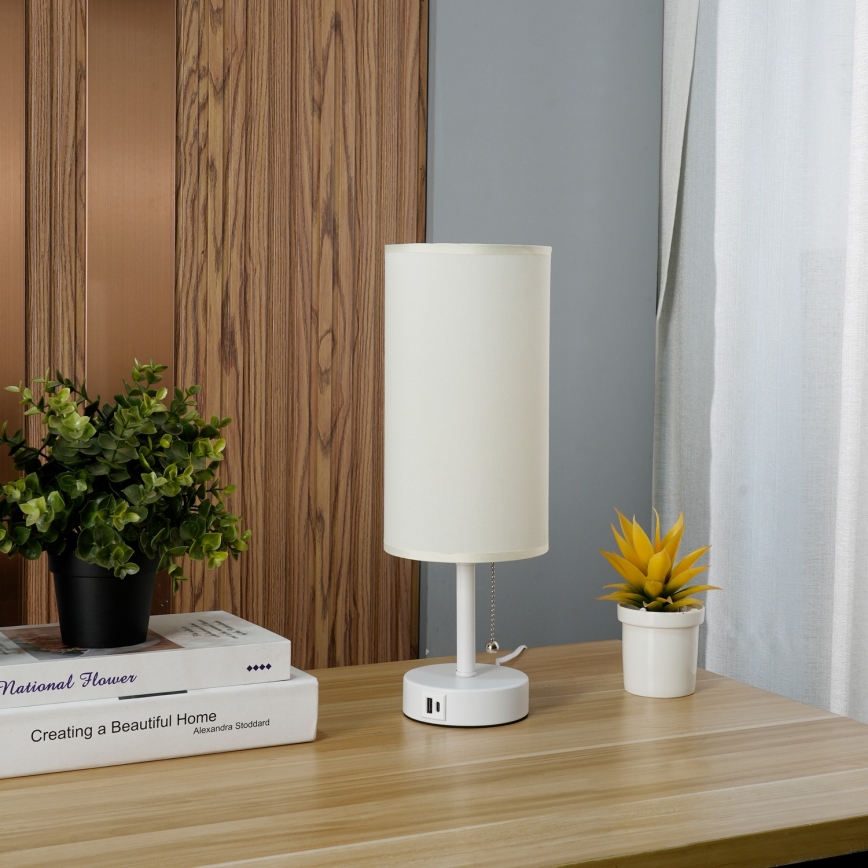 Brilagi - Tischlampe mit USB-Anschluss TABLON 1xE27/25W/230V weiß/creme