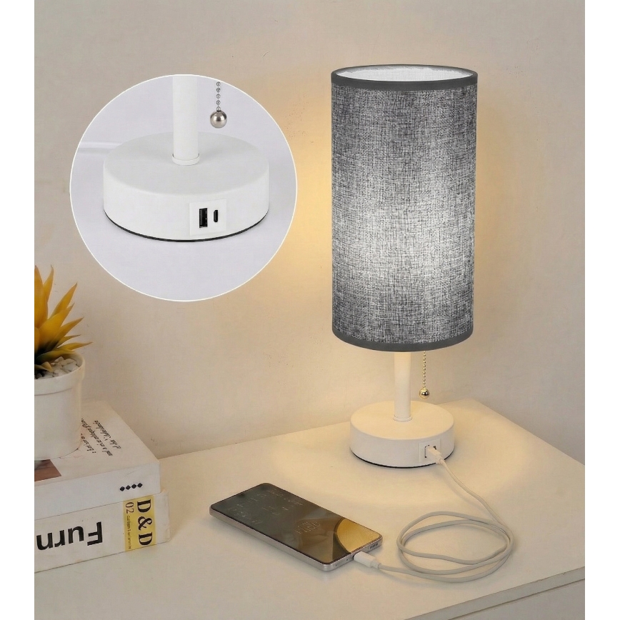Brilagi - Tischlampe mit USB-Anschluss TABLON 1xE27/25W/230V weiß/grau
