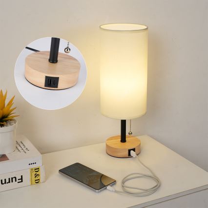 Brilagi - Tischlampe TABLON mit USB-Anschluss 1xE27/25W/230V Eiche/Schwarz/Creme