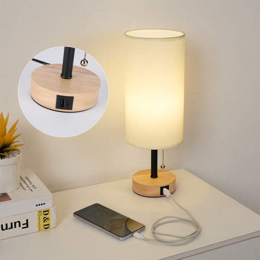 Brilagi - Tischlampe TABLON mit USB-Anschluss 1xE27/25W/230V Eiche/Schwarz/Creme