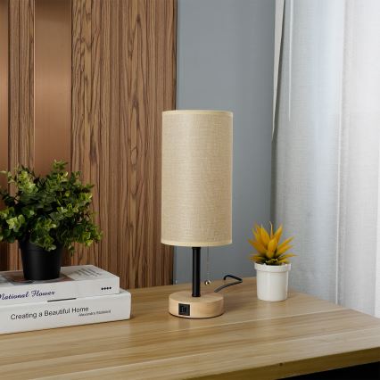Brilagi - Tischleuchte mit USB-Anschluss TABLON 1xE27/25W/230V Eiche/Schwarz/Beige