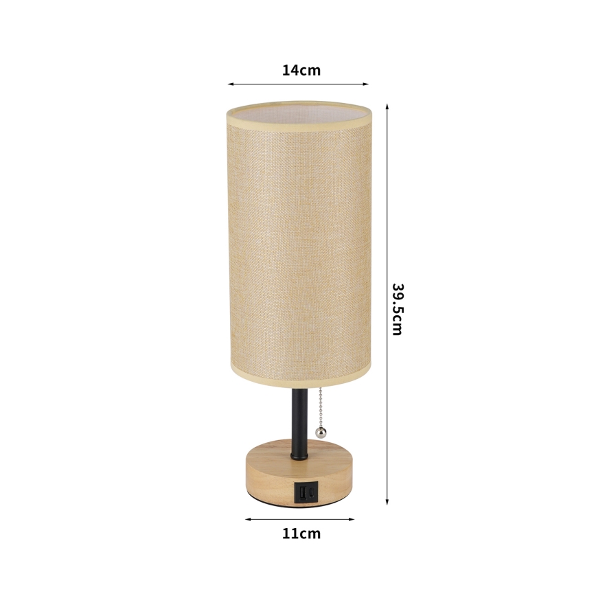 Brilagi - Tischleuchte mit USB-Anschluss TABLON 1xE27/25W/230V Eiche/Schwarz/Beige