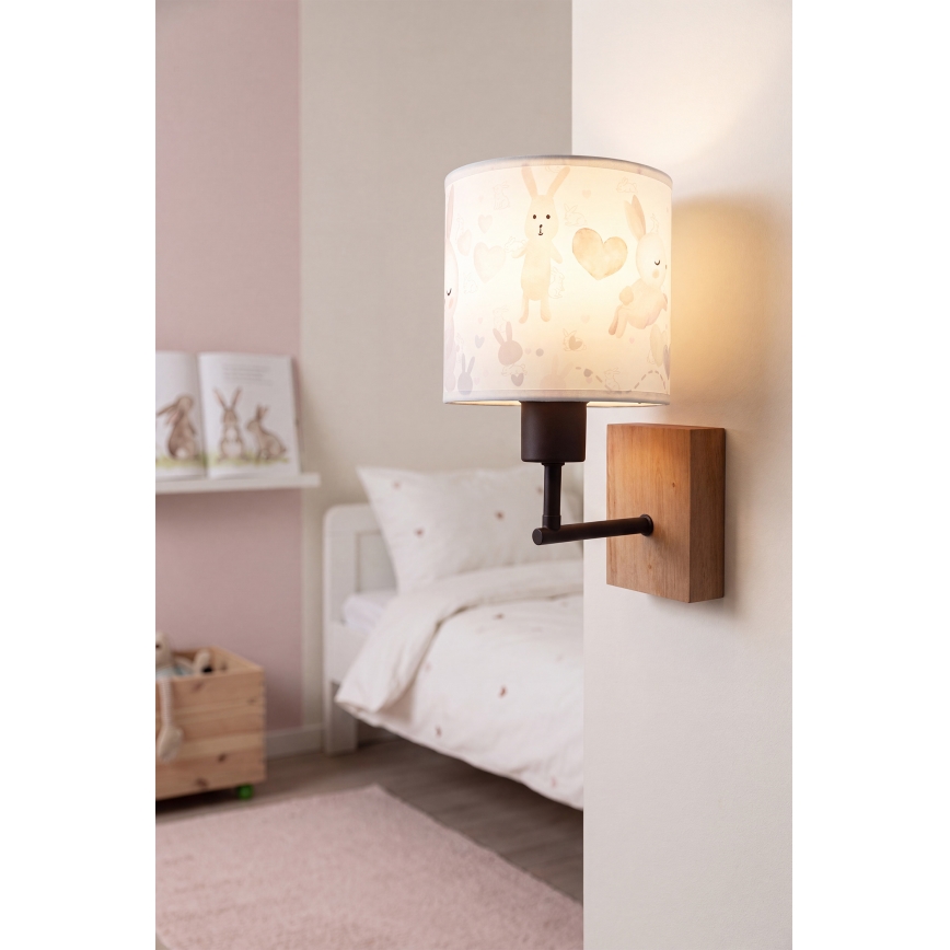 Brilagi - Kinder-Wandleuchte BOBO WOOD 1xE27/25W/230V Eiche/schwarz/weiß/Häschen
