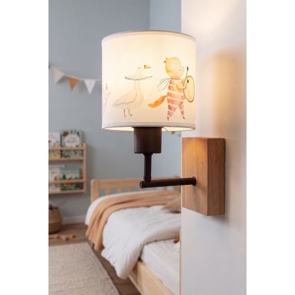 Brilagi - Kinder-Wandleuchte BOBO WOOD 1xE27/25W/230V Eiche/Schwarz/Weiß/Tiermotive