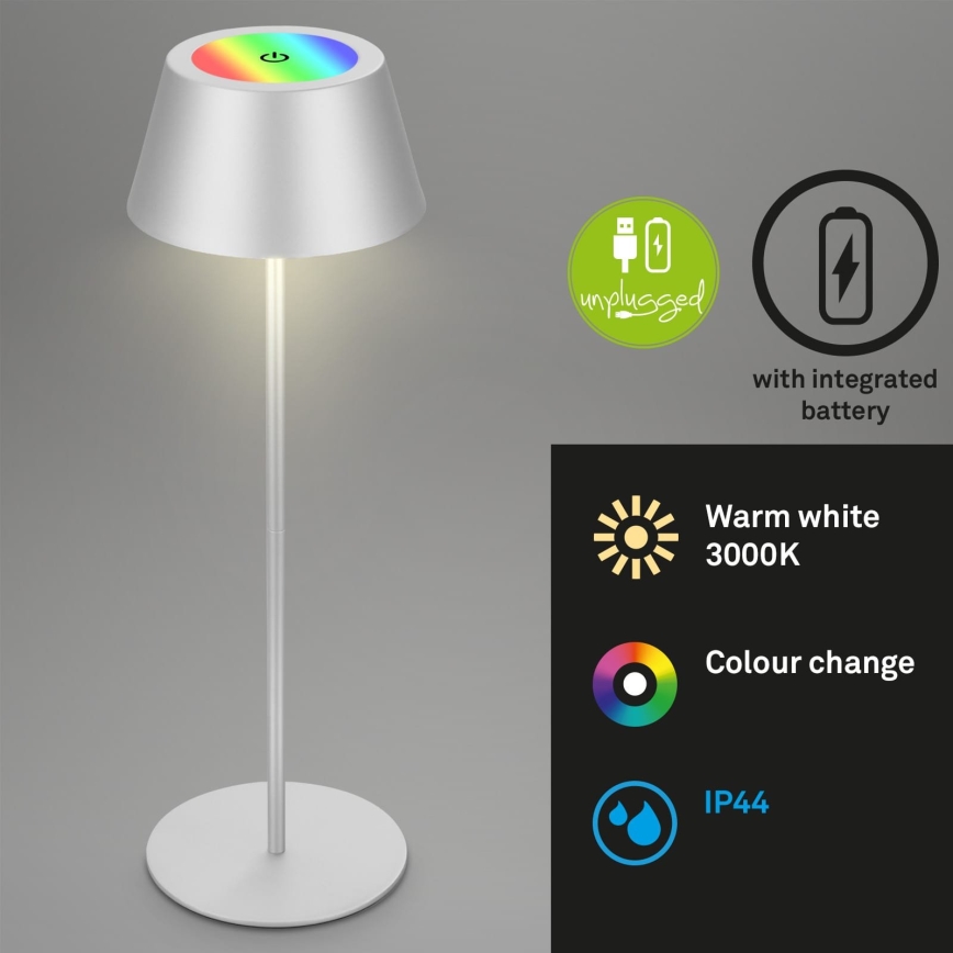 Brilo - Lampada da tavolo ricaricabile dimmerabile a sfioramento per esterno KIKI LED RGB/2,6W/5V IP44 2600 mAh argento