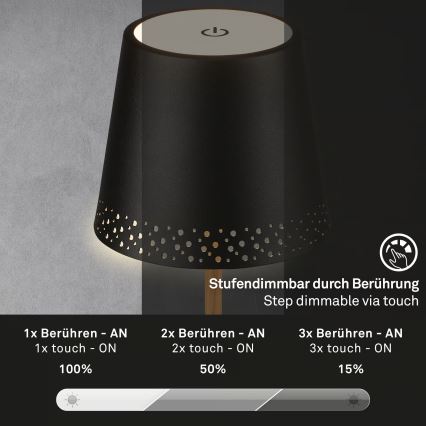 Brilo - Lampada da tavolo LED da esterno, ricaricabile e dimmerabile a sfioramento KIKI LED/2,6W/5V IP44 2600 mAh nera
