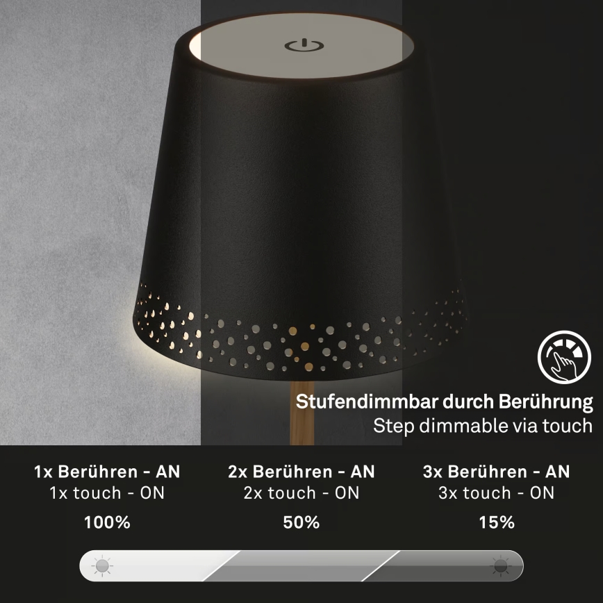 Brilo - Lampada da tavolo LED da esterno, ricaricabile e dimmerabile a sfioramento KIKI LED/2,6W/5V IP44 2600 mAh nera