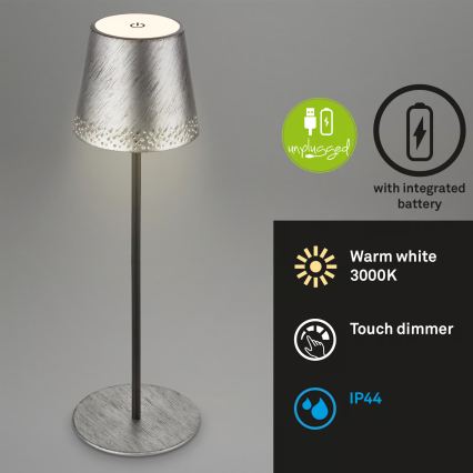 Brilo - Lampada da tavolo ricaricabile dimmerabile a sfioramento per esterni KIKI LED/2,6W/5V IP44 2600 mAh argento