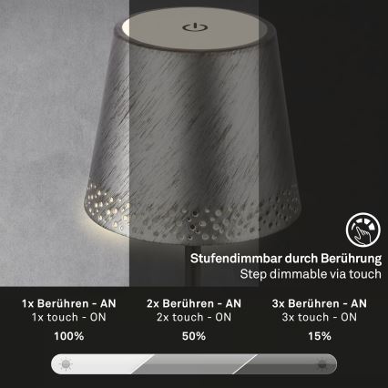 Brilo - Lampada da tavolo ricaricabile dimmerabile a sfioramento per esterni KIKI LED/2,6W/5V IP44 2600 mAh argento