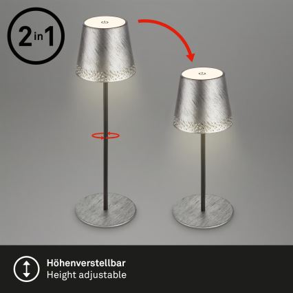 Brilo - Lampada da tavolo ricaricabile dimmerabile a sfioramento per esterni KIKI LED/2,6W/5V IP44 2600 mAh argento