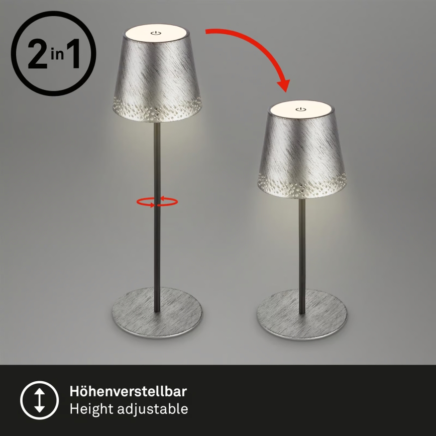 Brilo - Lampada da tavolo ricaricabile dimmerabile a sfioramento per esterni KIKI LED/2,6W/5V IP44 2600 mAh argento