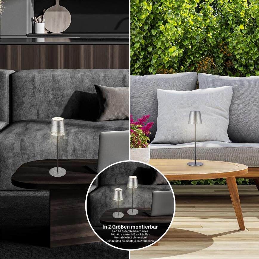 Brilo - Lampe de table d'extérieur tactile, rechargeable et dimmable KIKI LED/2,6W/5V IP44 2600 mAh argentée