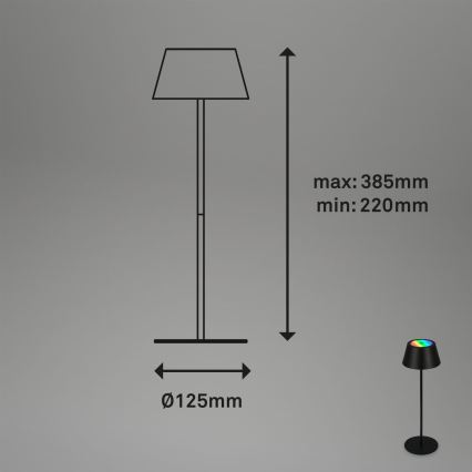 Brilo - Lampe de table d'extérieur tactile, rechargeable, LED RGB dimmable KIKI LED/2,6W/5V IP44 2600 mAh noire