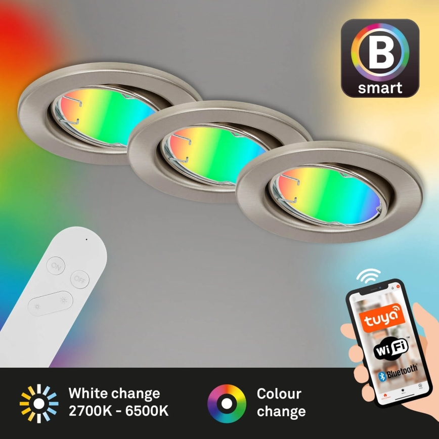 Brilo - LOT x3 Luminaire LED RGBW à intensité variable salle de bain 1xGU10/4,9W/230V 2700-6500K Wi-Fi Tuya IP23 + télécommande