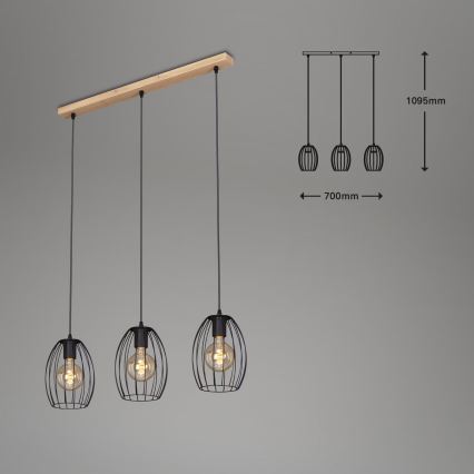 Brilo - Suspension filaire WAKTU 3xE27/60W/230V hévéa