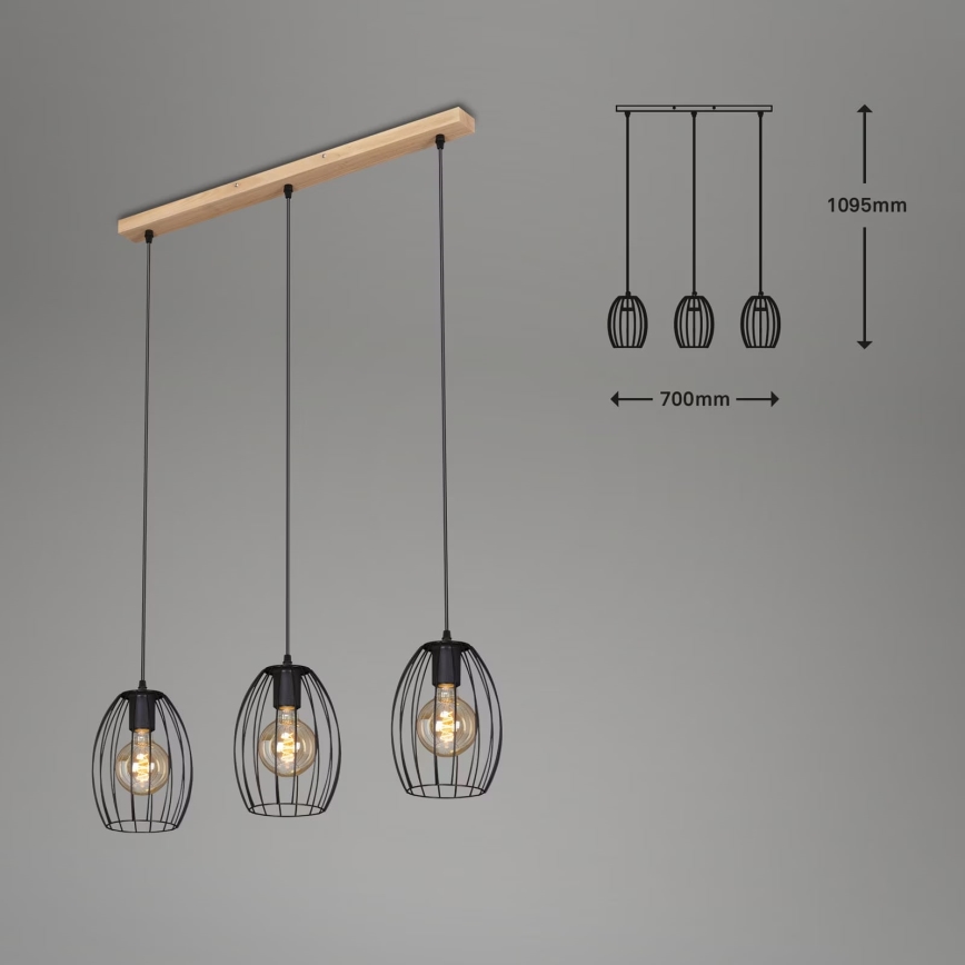Brilo - Suspension filaire WAKTU 3xE27/60W/230V hévéa