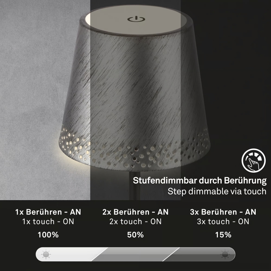 Brilo - KIKI LED-Außen-Tischlampe, dimmbar, wiederaufladbar mit Touch-Bedienung, LED/2,6W/5V, IP44, 2600 mAh, silber