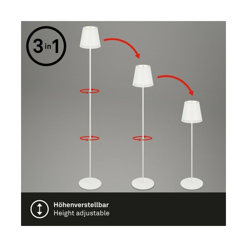 Briloner 1438016 - Lampadaire tactile à intensité variable 3en1 LED/3,5W/5V IP44 3000K 38-130 cm blanc