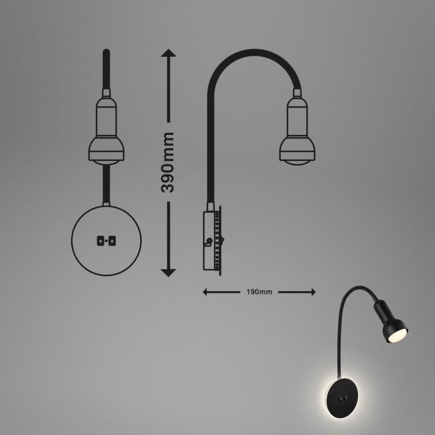 Briloner 2178015 - Lampada flessibile a parete LED 1xE14/10W/230V + LED/3W nero