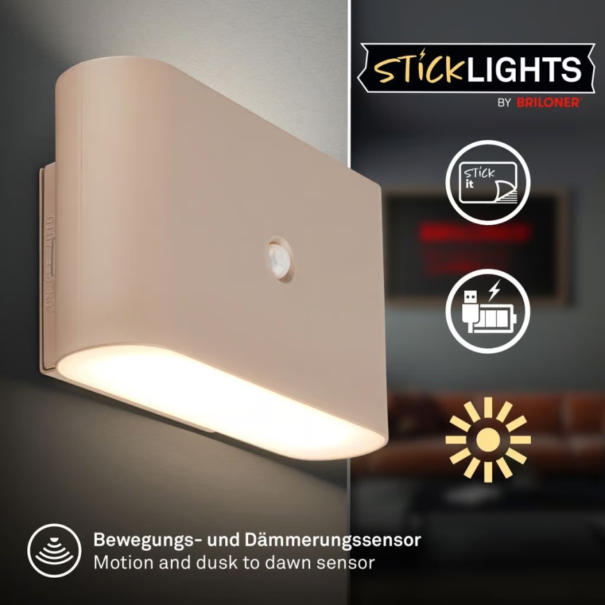 Briloner 3878011 - Applique da parete LED ricaricabile con sensore di movimento e sensore crepuscolare CHAT LED/3W/5V 2000 mAh beige
