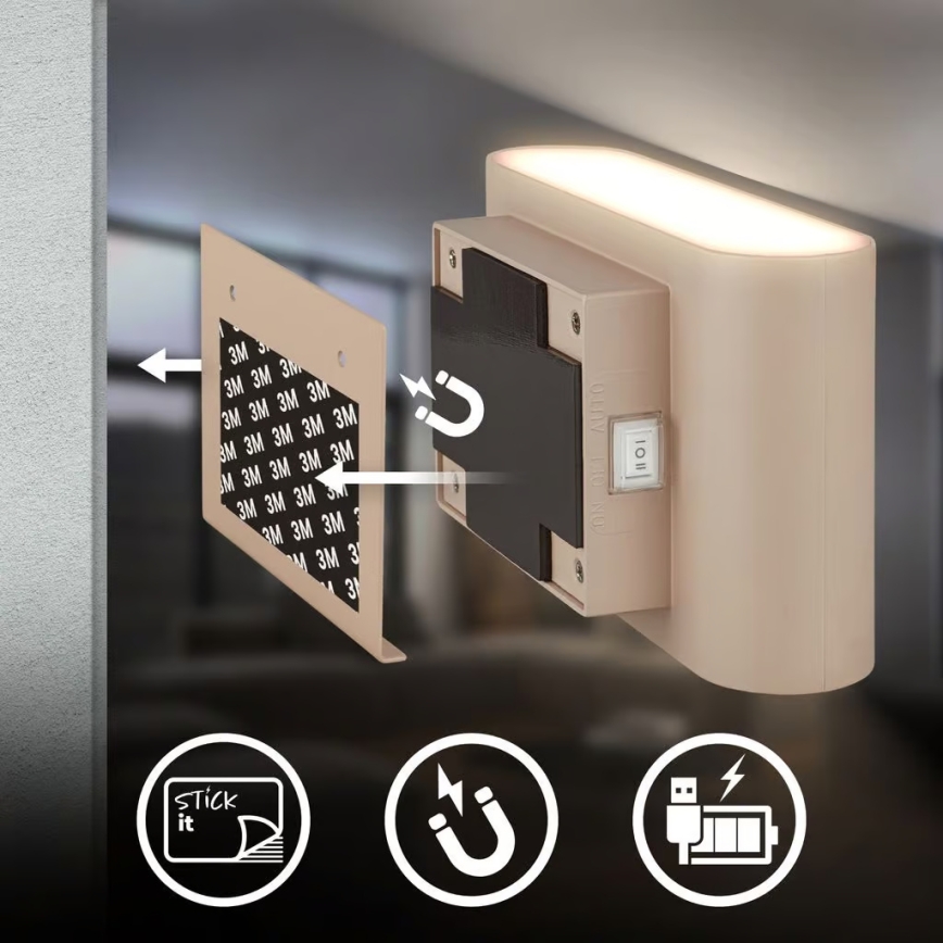 Briloner 3878011 - Applique da parete LED ricaricabile con sensore di movimento e sensore crepuscolare CHAT LED/3W/5V 2000 mAh beige