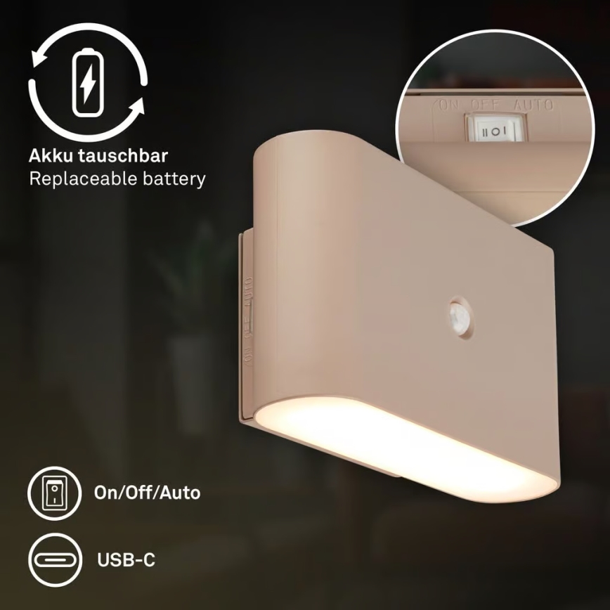 Briloner 3878011 - Applique da parete LED ricaricabile con sensore di movimento e sensore crepuscolare CHAT LED/3W/5V 2000 mAh beige