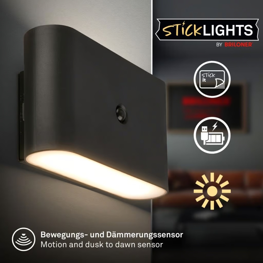 Briloner 3878015 - Applique murale LED rechargeable avec détecteur de mouvement et capteur crépusculaire CHAT LED/3W/5V 2000 mAh noire