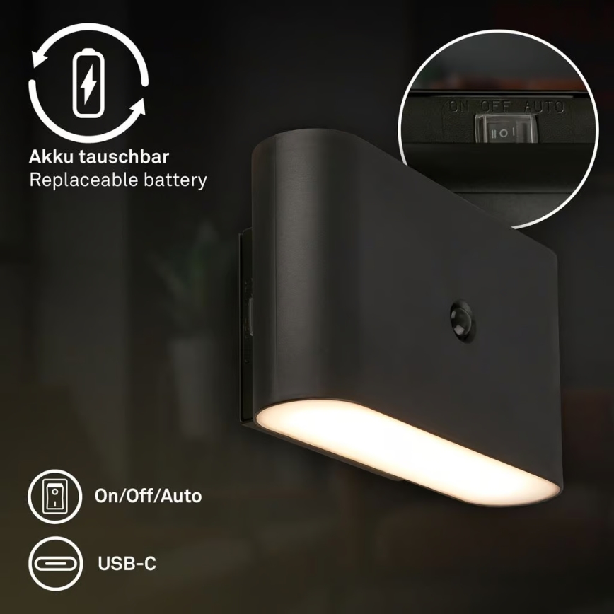 Briloner 3878015 - Applique murale LED rechargeable avec détecteur de mouvement et capteur crépusculaire CHAT LED/3W/5V 2000 mAh noire