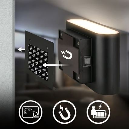 Briloner 3878015 - Wiederaufladbare LED-Wandleuchte mit Bewegungs- und Dämmerungssensor CHAT LED/3W/5V 2000 mAh schwarz