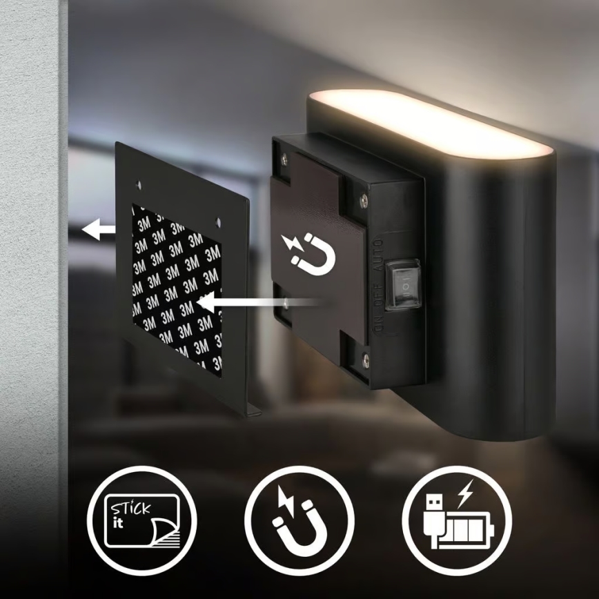 Briloner 3878015 - Wiederaufladbare LED-Wandleuchte mit Bewegungs- und Dämmerungssensor CHAT LED/3W/5V 2000 mAh schwarz