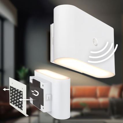 Briloner 3878016 - Applique murale LED rechargeable CHAT avec détecteur de mouvement et détecteur crépusculaire LED/3W/5V 2000 mAh blanche