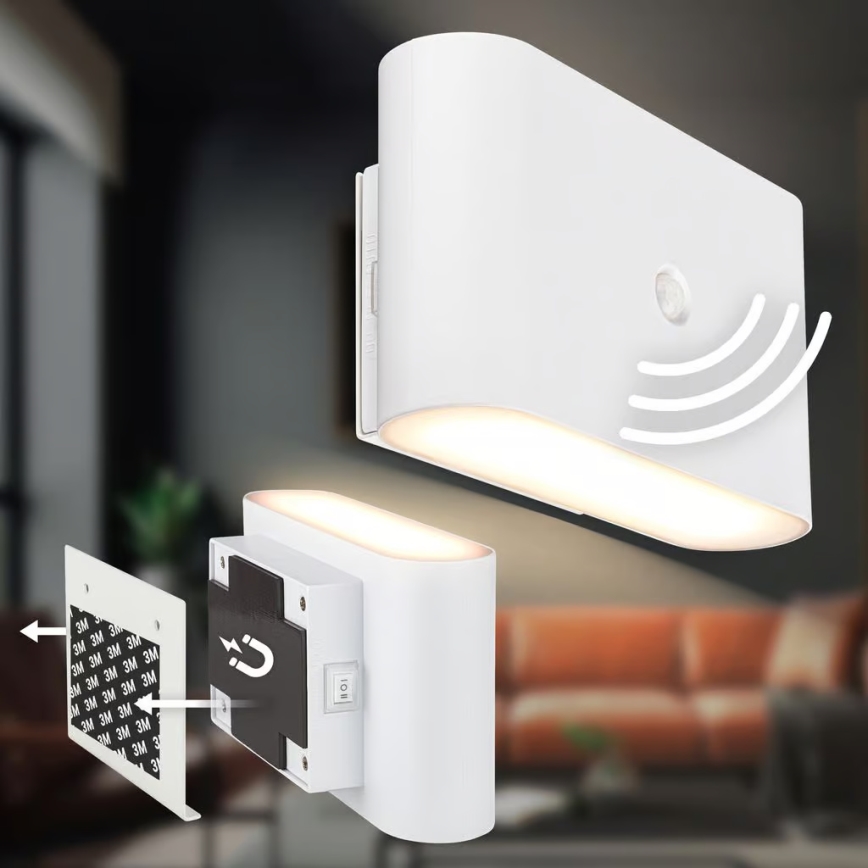 Briloner 3878016 - Applique murale LED rechargeable CHAT avec détecteur de mouvement et détecteur crépusculaire LED/3W/5V 2000 mAh blanche