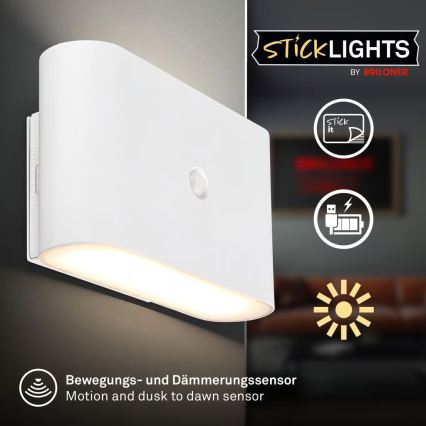 Briloner 3878016 - Applique murale LED rechargeable CHAT avec détecteur de mouvement et détecteur crépusculaire LED/3W/5V 2000 mAh blanche