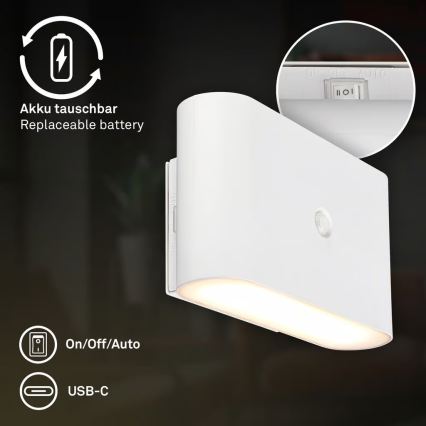 Briloner 3878016 - Applique murale LED rechargeable CHAT avec détecteur de mouvement et détecteur crépusculaire LED/3W/5V 2000 mAh blanche