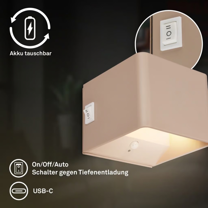 Briloner 3879011 - Applique da parete ricaricabile LED BORRA con sensore di movimento e crepuscolare LED/1,5W/5V 3600 mAh beige