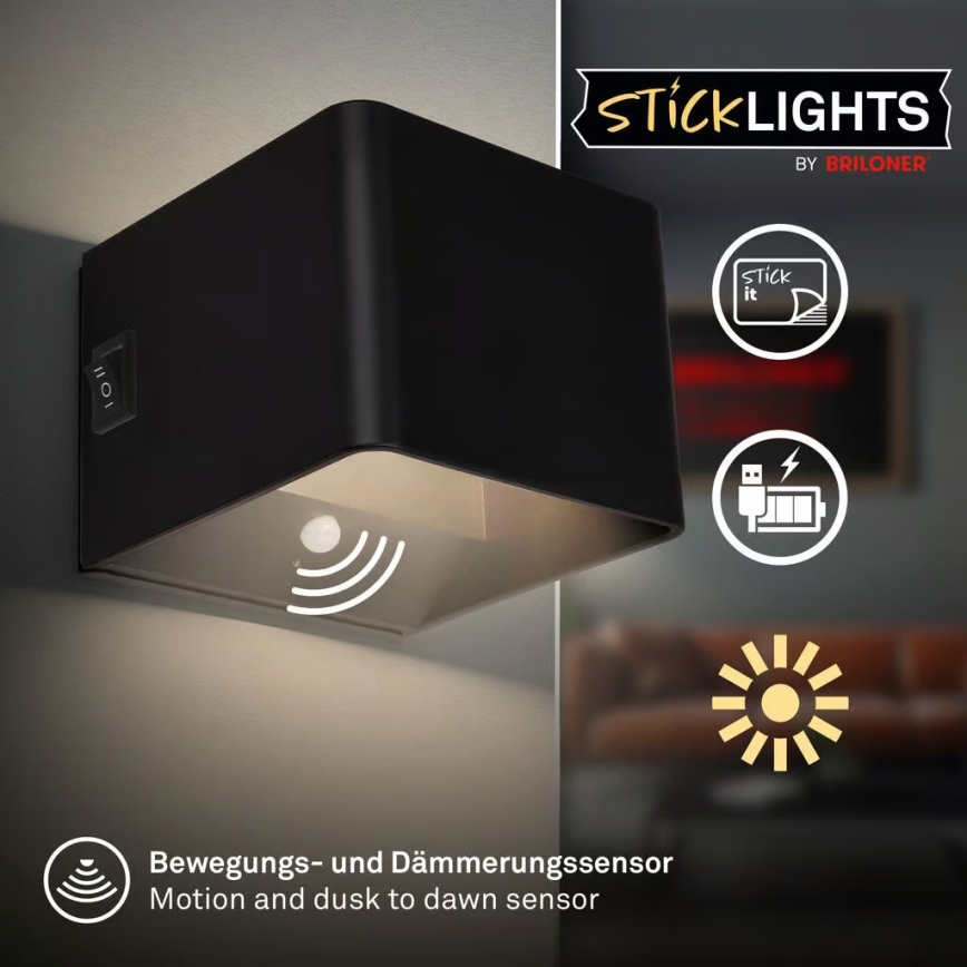 Briloner 3879015 - Applique a LED ricaricabile con sensore di movimento e di crepuscolo BORRA LED/1,5W/5V 3600 mAh nera
