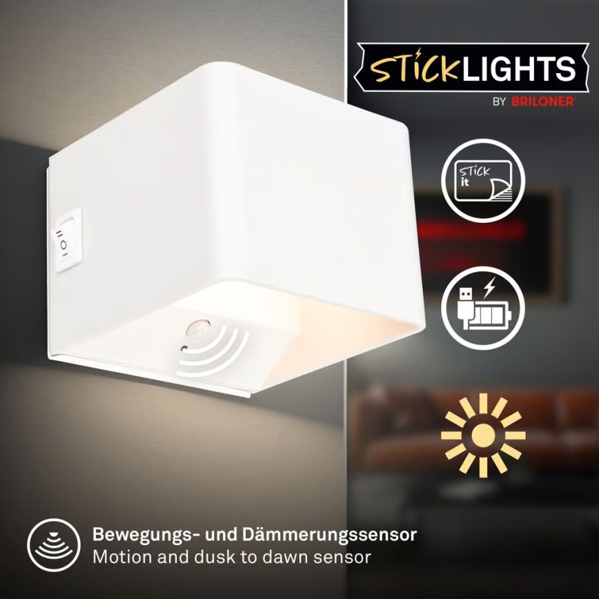 Briloner 3879016 - Lampada da parete LED ricaricabile con sensore BORRA LED 1,5 W / 5 V, 3600 mAh, bianca