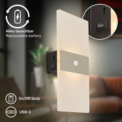 Briloner 3888012 - Wiederaufladbare LED-Wandleuchte mit Bewegungs- und Dämmerungssensor AURA LED/2,5W/5V 1800 mAh mattchrom