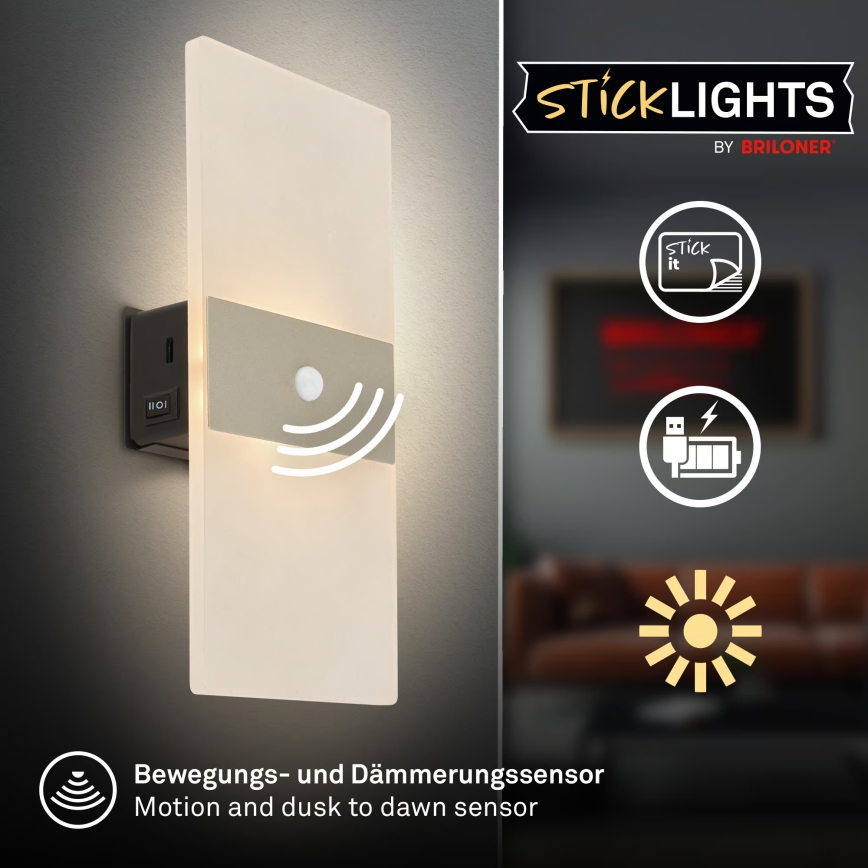 Briloner 3888012 - Lampada da parete ricaricabile a LED con sensore di movimento e sensore crepuscolare AURA LED/2,5W/5V 1800 mAh cromo opaco